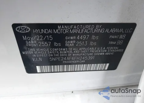 2015 Hyundai Sonata Se from USA, damaged, VIN 5NPE24AF6FH245391